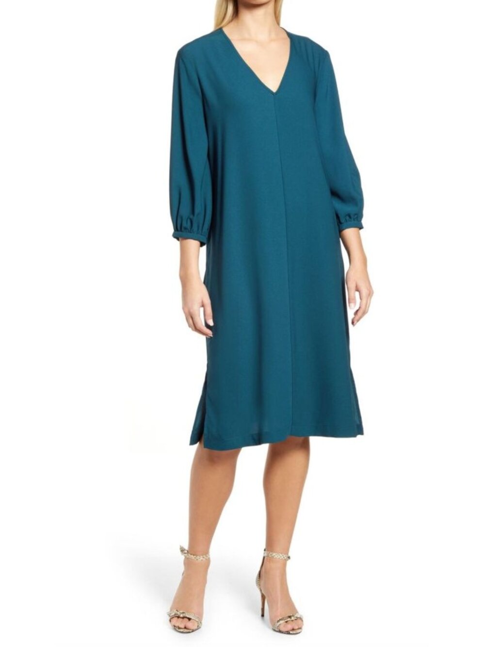 Nordstrom V-Neck Teal 3/4 Sleeve Tunic Midi Dress with Pockets Size S Shift